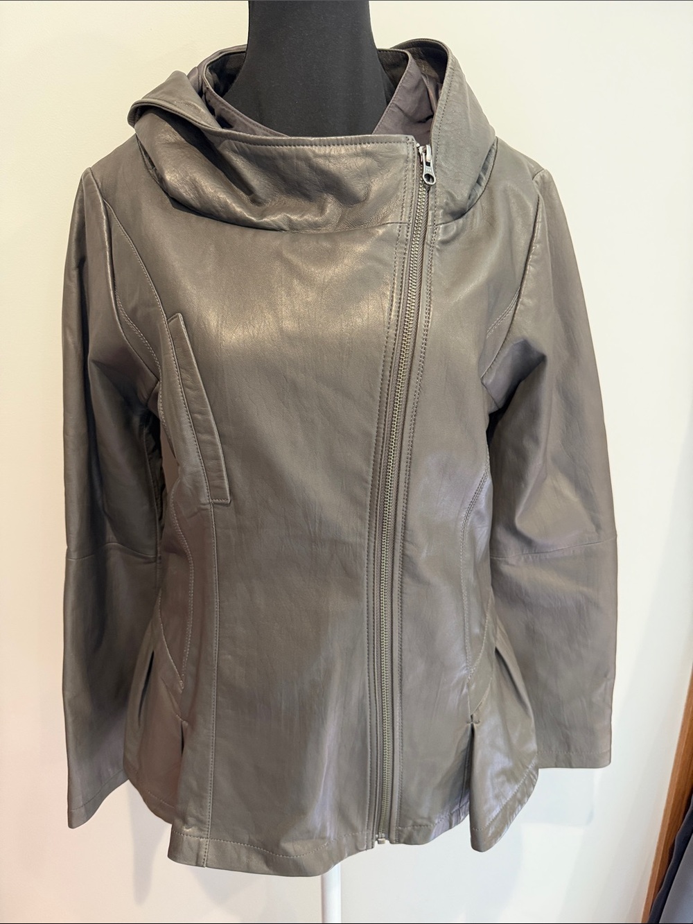 Asymmetrical Zip Gray Leather Jacket - Womens - M - Faux Leather